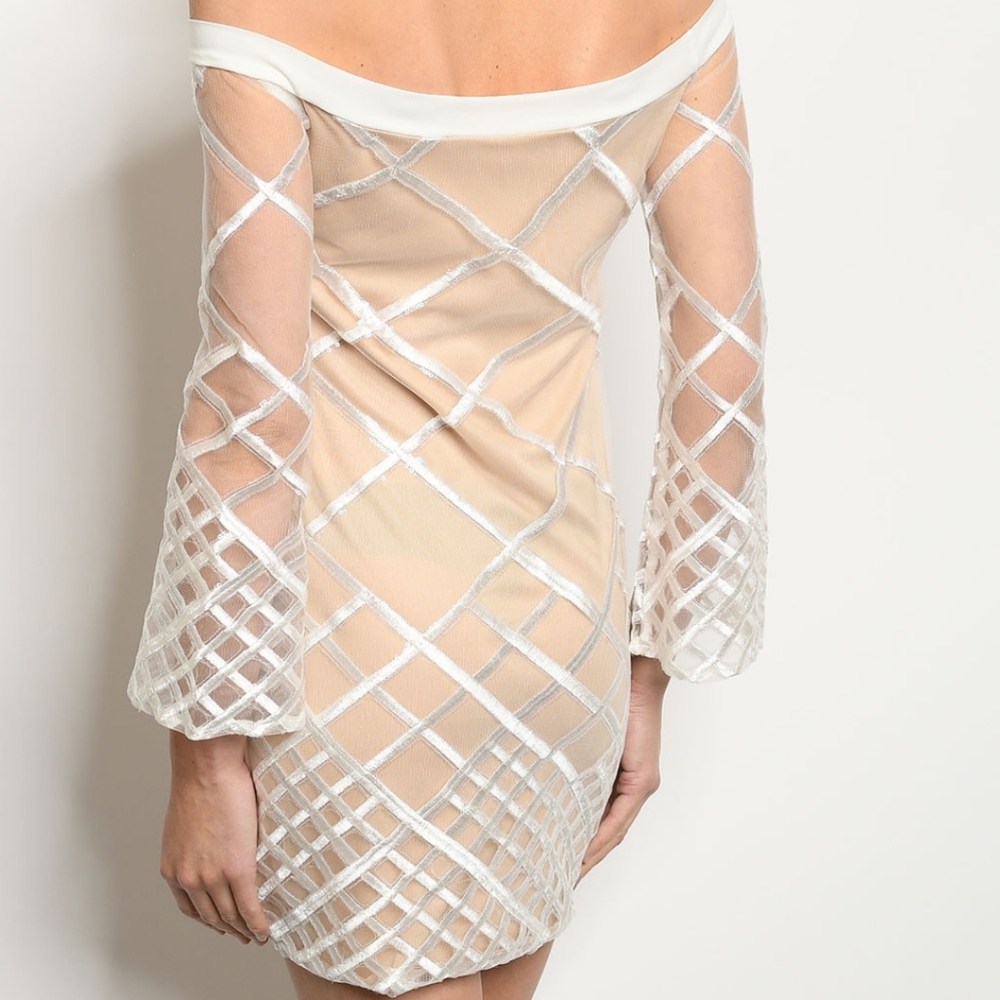 White nude and sequin illusion off the shoulder - Picture 8 of 14